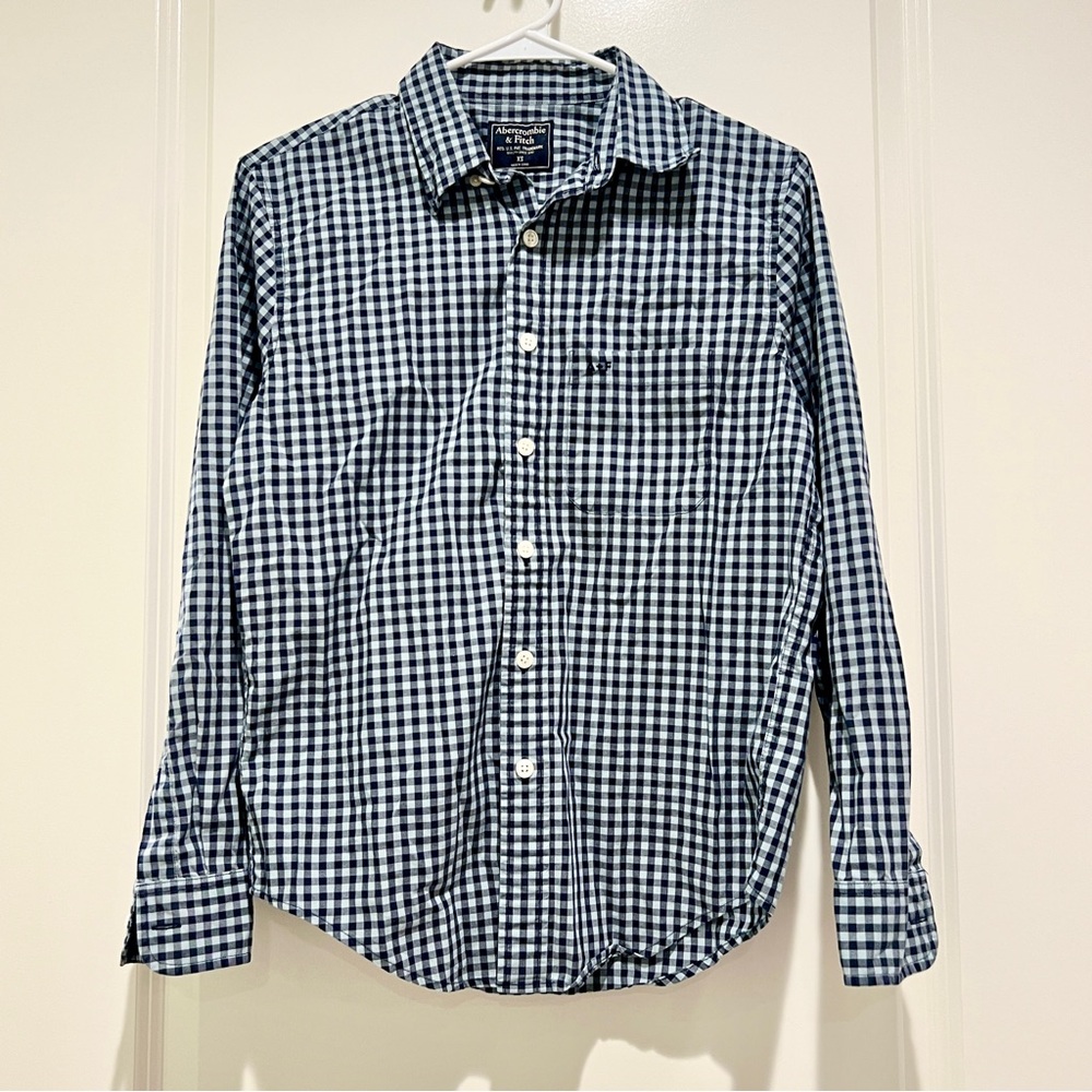 Abercrombie and Fitch blue checkered gingham plaid button up shirt XS a+f logo